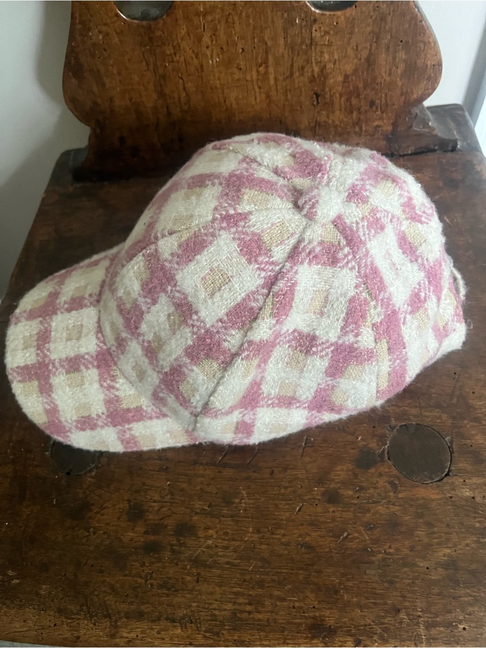 Anthropologie Plaid Wool Blend Baseball Cap in Pink and Cream - Picture 2 of 4